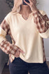 Waffle Textured V Neck Plaid Drop Shoulder Long Sleeve Top