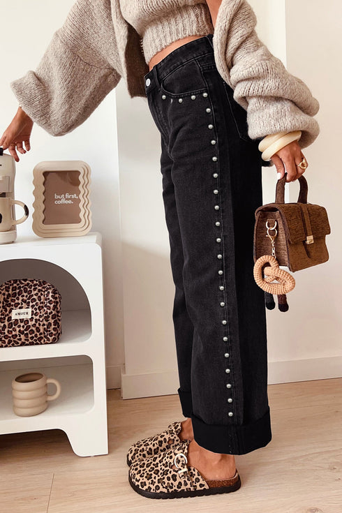 Studded Bead Detail Straight Leg Loose Jeans
