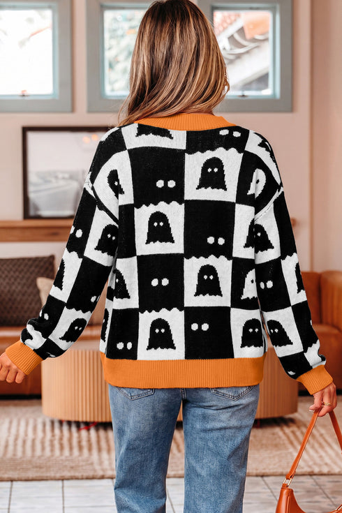 Geometric Ghost Print Drop Shoulder Knit Cardigan