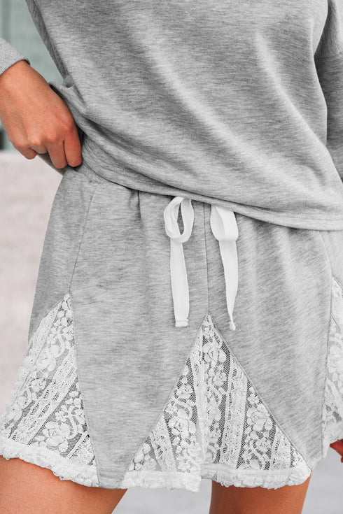 Lace Patchwork Drop Shoulder Drawstring Two Piece Dresses