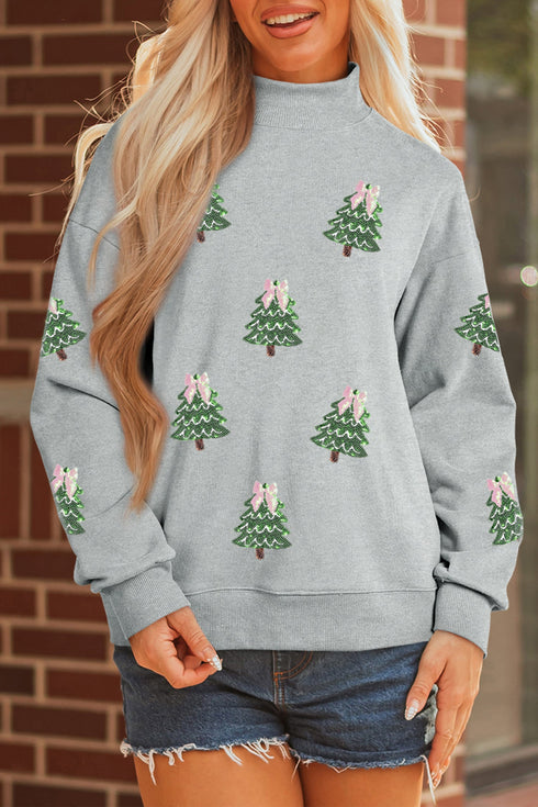 Sequin Tree Graphic Mock Neck Baggy Pullover Sweatshirt