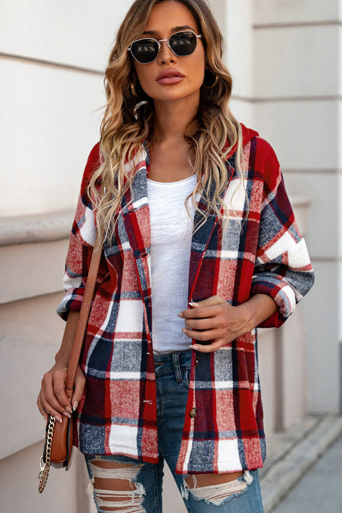 Casual Hooded Button Front Plaid Print Shacket