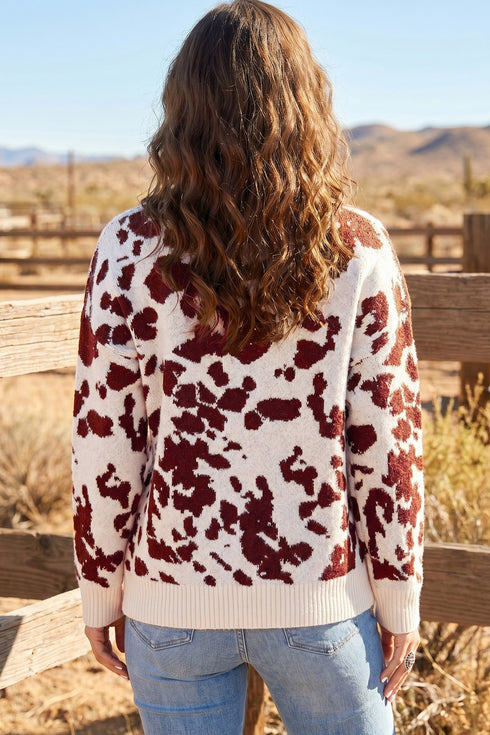 Cow Pattern Western Long Sleeve Round Neck Pullover Sweater
