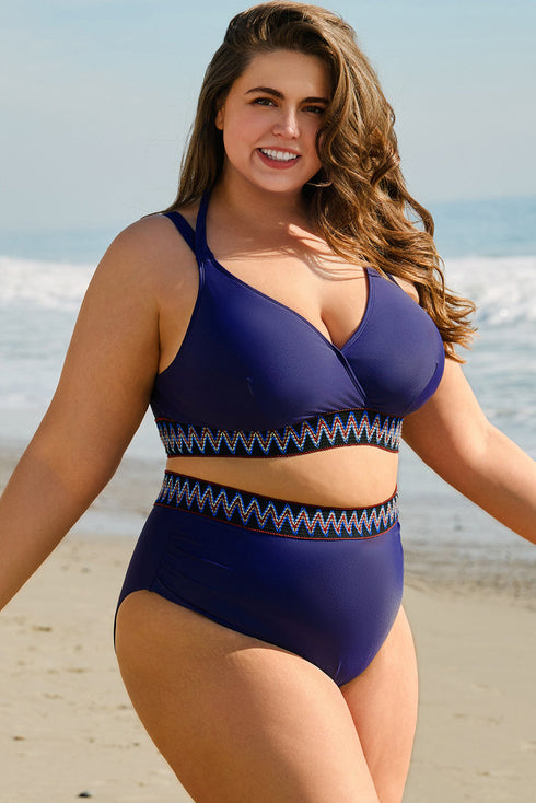 Embroidered Trim Wrap Tie High Waisted Plus Size Swimwear