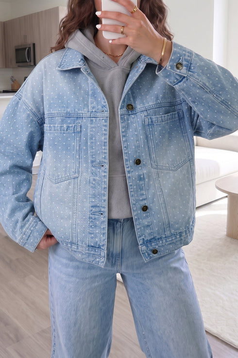 Polka Dot Long Sleeve Collar Pocket Shift Silhouette Denim Jacket