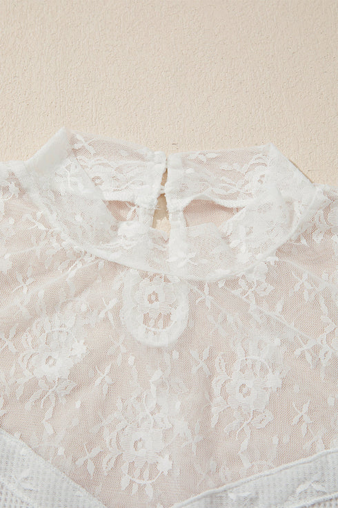 Lace Mesh Waffle Knit Long Sleeve Top