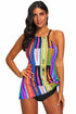 High Neck Geometric Print Halter Tankini Top