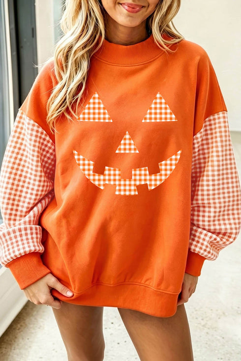 Pumpkin Face Graphic Plaid Pattern Sleeve Sweatshirt