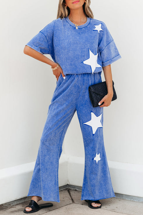 Acid Wash Star Applique Rolled Trim Pants Set