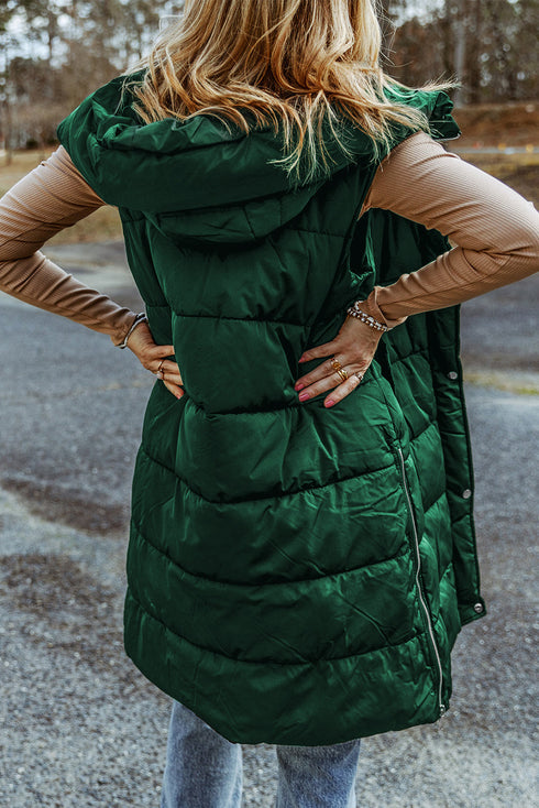 Exclusive Solid Long Quilted Hooded Puffer Vest