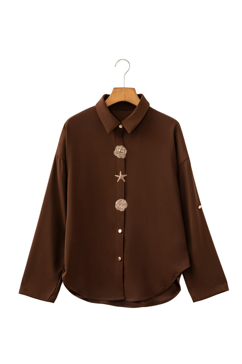 Polyester Button Decoration Tab Long Sleeve Blouse