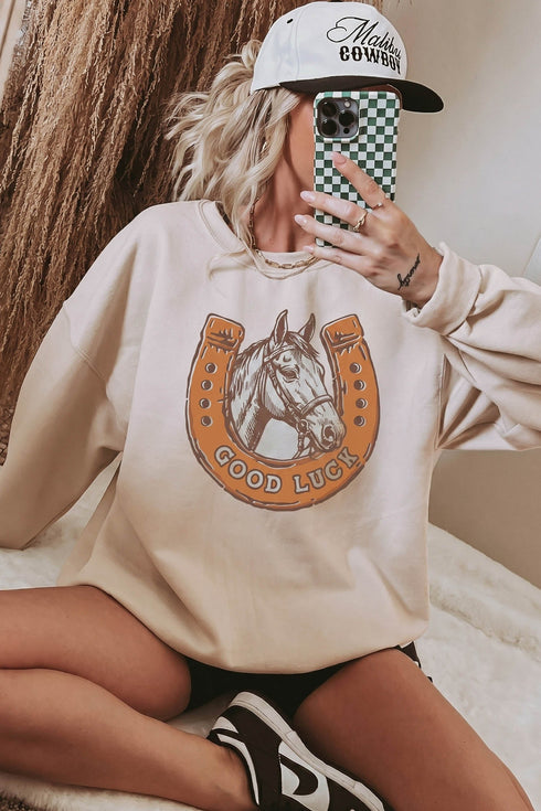 Good Luck Western Horse Print Oversized Pullover Sweatshirt