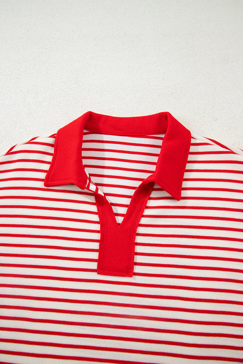 Striped Collared V Neck Pullover Skort Two Piece Dress