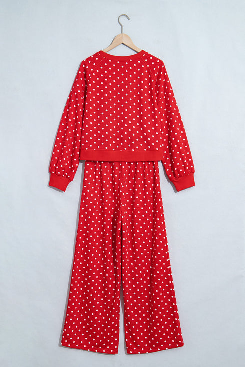 Polka Dot Drawstring Wide Leg Long Sleeve Pant Set