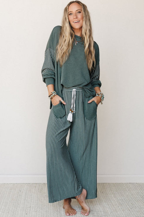 Raw Seam Patchwork Long Sleeve Top Pocketed Wide Leg Pant Set