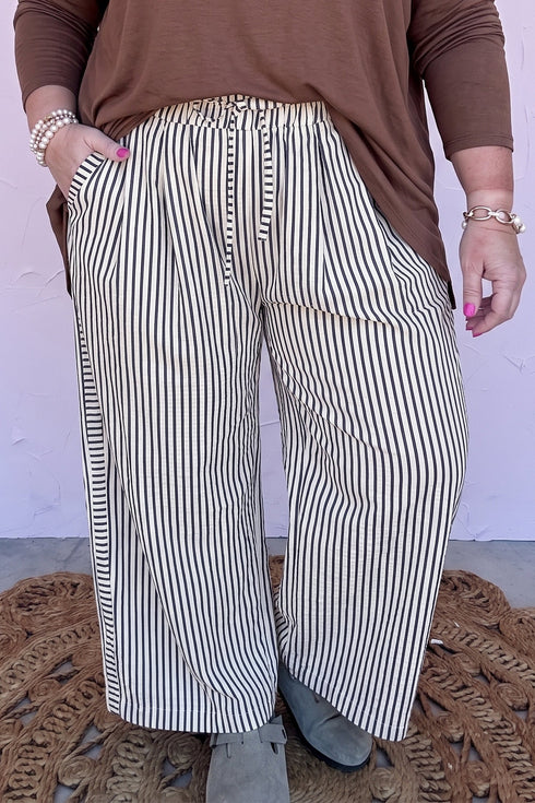 Polyester Striped Pattern Tie Waist Loose Pants