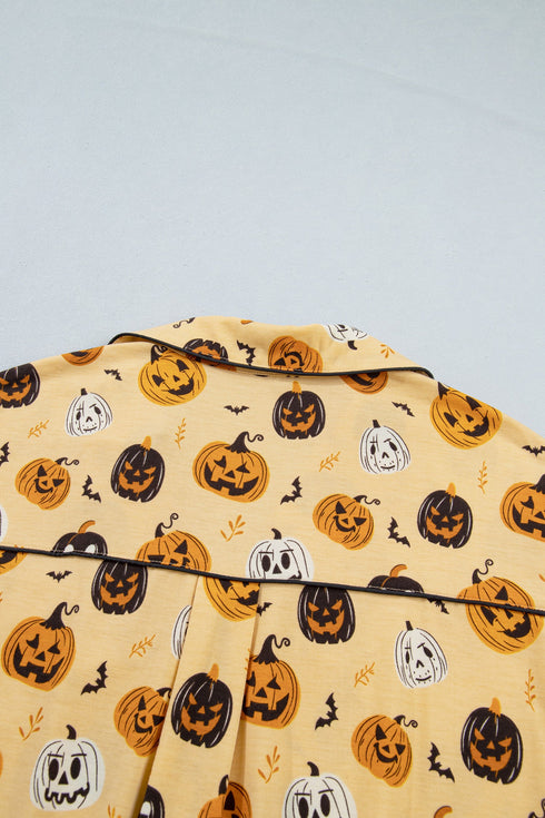 Pumpkin Face Print Ruffle Long Sleeve Two Piece Lounge Set