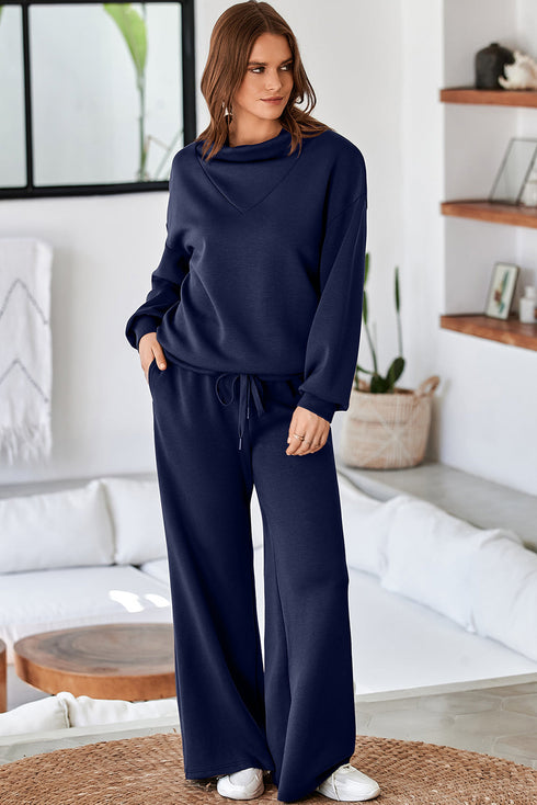 Cowl Neck Drawstring Pullover Wide Leg Athleisure Pant Set