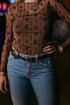 Retro Western Print Mesh Long Sleeve Sheath Top