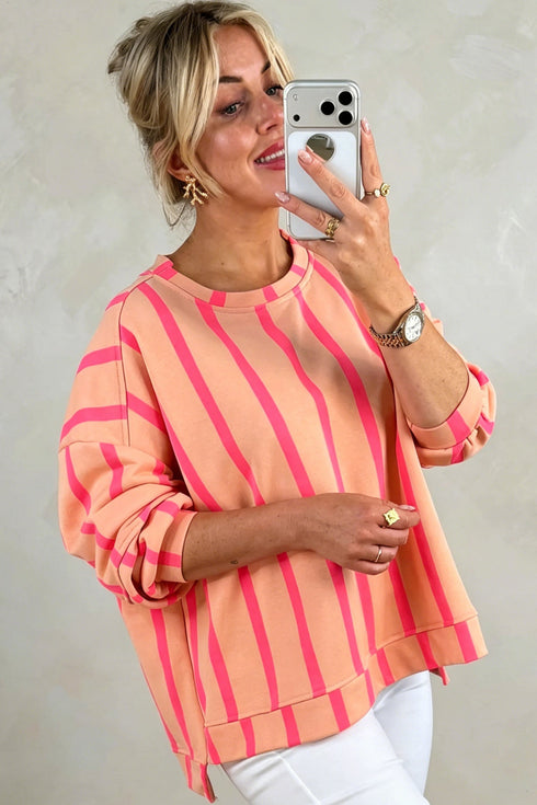 Stripe Print Dropped Shoulder Round Neck Sweatshirt