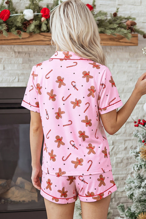 Short Sleeve Placket Shell Button Elastic Waist Lounge Set