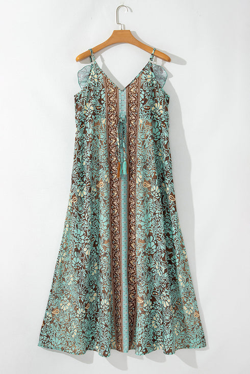Bohemian V Neck Backless Ruffled Tassel Waist Maxi Floral Dress