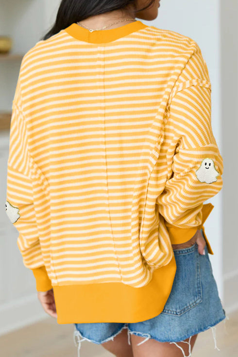 Ghost Patch Stripe Print Round Neck Long Sleeve Tee