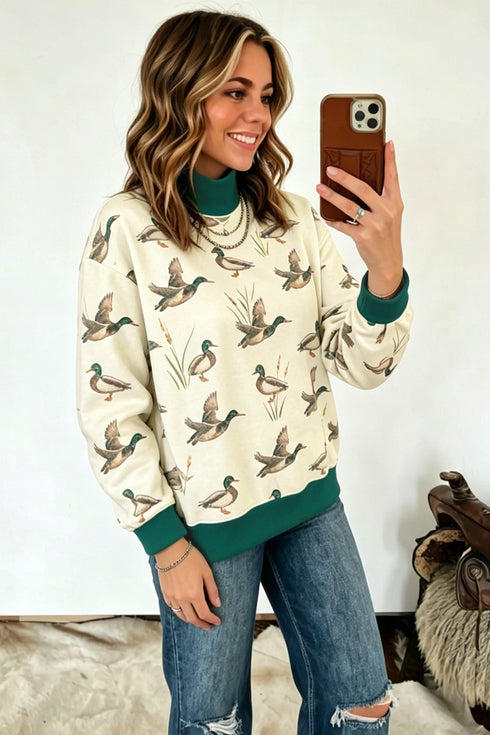Mallard Duck Print Patchwork High Neck Sweatshirt