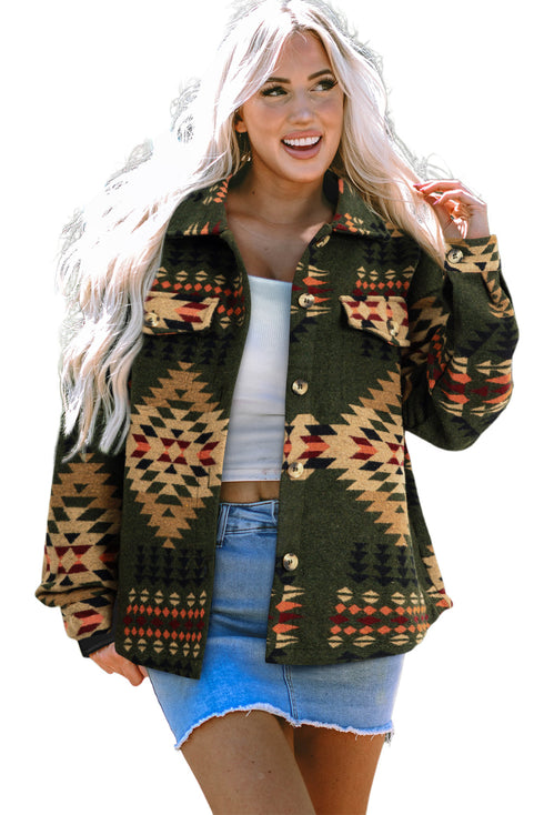 Aztec Print Long Sleeve Flap Pocket Western Jacket