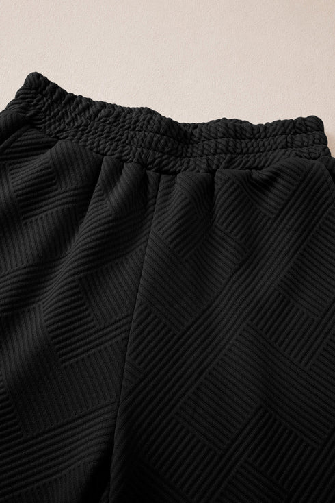 Solid Textured Collared V Neck Wide Leg Pant Sets