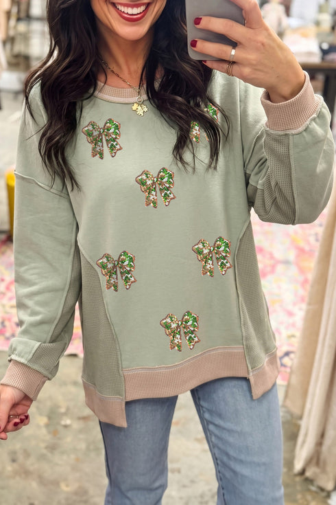 Polyester Sequin Bow Patchwork Waffle Loose Sweatshirt