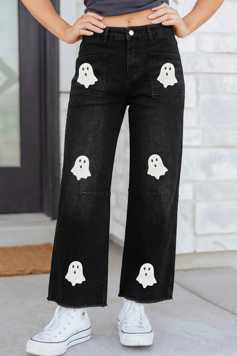 Sequin Ghost Patched Graphic Raw Hem Pants