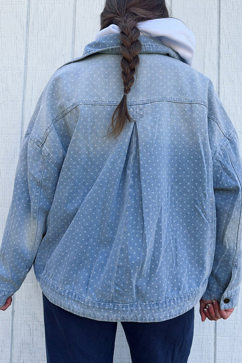 Polka Dot Long Sleeve Collar Pocket Shift Silhouette Denim Jacket