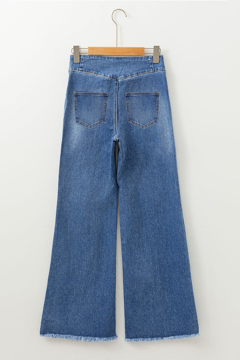 High Waist Button Fly Seamed Raw Hem Wide Leg Jeans