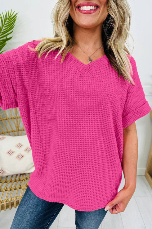 Waffle Knit V Neck Short Sleeve Solid Top