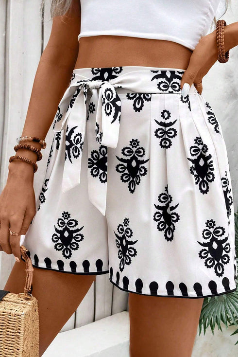 Bohemian Paisley Geometric Print Belted High Waist Casual Shorts