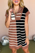 Striped Ribbed Knit Half Zip Mini Dress