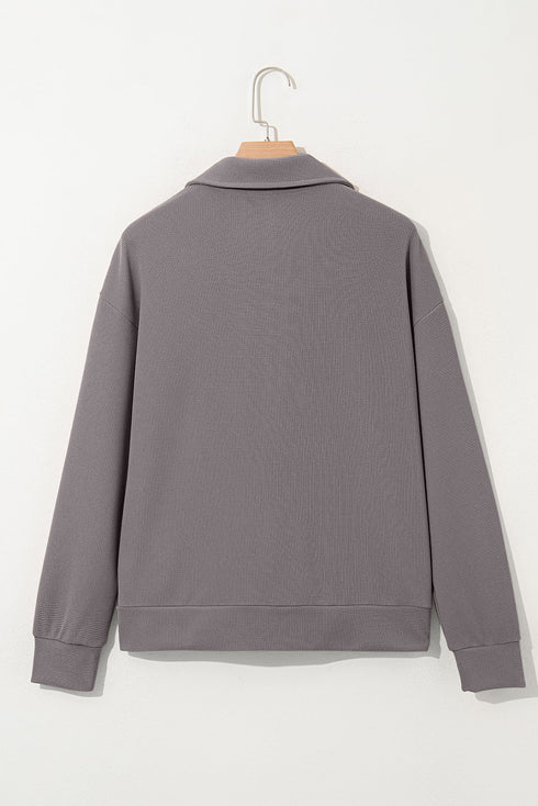 Waffle Textured Collar Half Zip Pocketed Drop Shoulder Sweatshirt