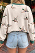 Duck Print Twist Ribbed Corded Crewneck Long Sleeve Pullover Top