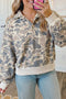 Allover Camouflage Collar Detail Long Sleeve Pullover Sweatshirt
