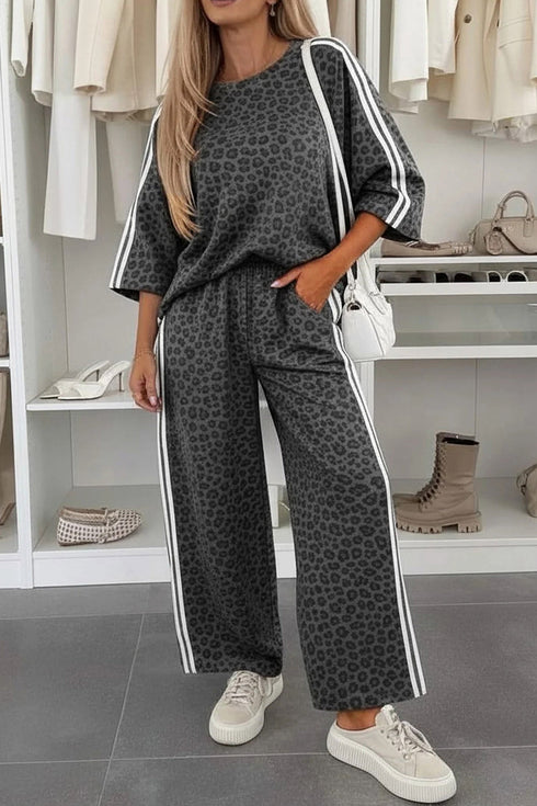 Leopard Print Varsity Striped Three Quarter Sleeve Top Shift Pant Set