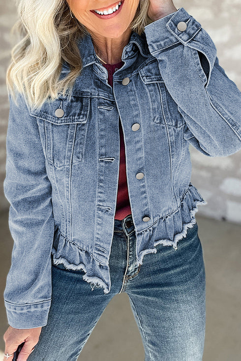 Casual Ruffle Raw Hem Flap Pocket Denim Jacket