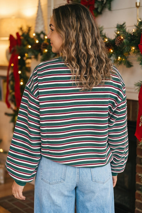 Striped Waffle Knit Round Neck Long Sleeve Sweatshirt