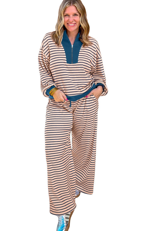 Striped V Neck Long Sleeve Lounge Set