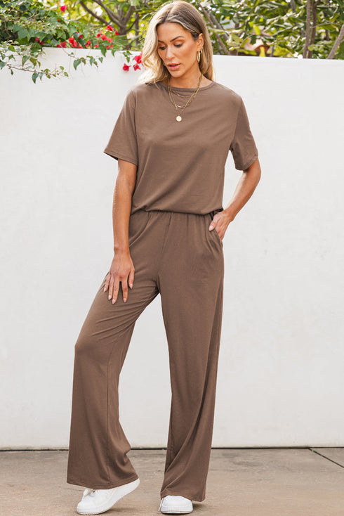 Casual Solid T Shirt Wide Leg Pant Set
