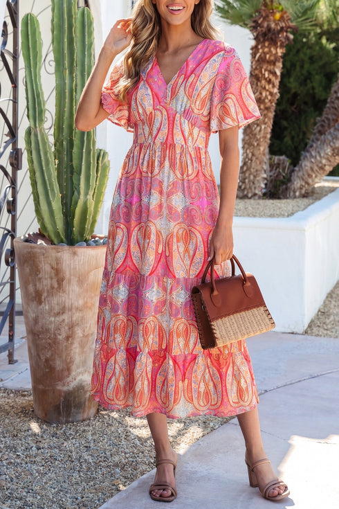 Paisley Print V Neck Short Sleeve Ruffle Bohemian Dress
