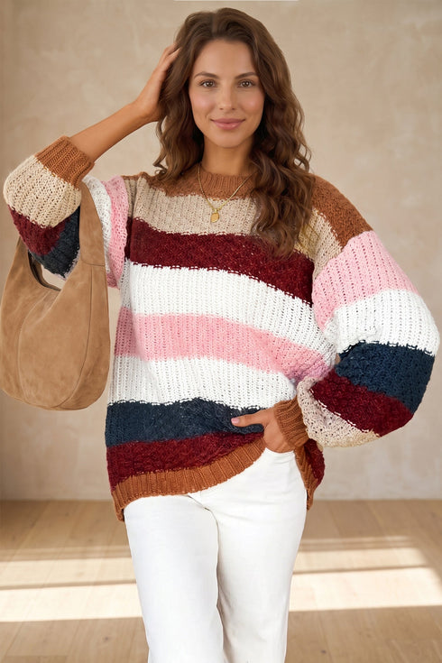 Striped Knit Dropped Shoulder Round Neck Pullover Sweater