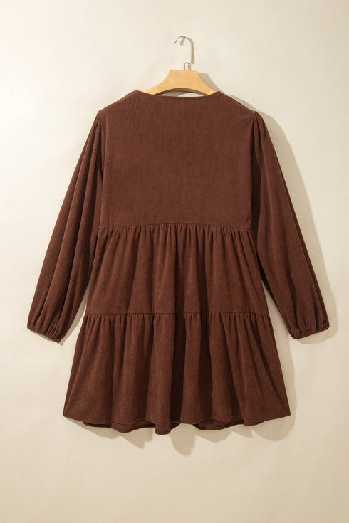 Corduroy V Neck Long Sleeve Mini Dress