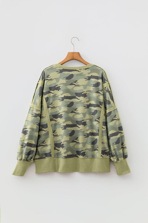 Camouflage Waffle Knit Raw Edge Trim Oversized Long Sleeve Top