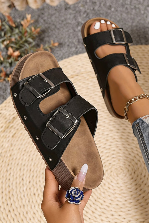 Retro Double Buckle Faux Suede Platform Slipper